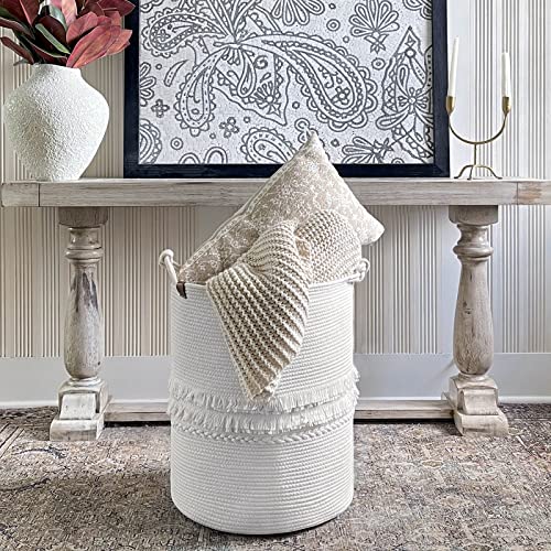 CherryNow 70L Woven Rope Laundry Basket with Tassel, 16" x 22", White - color: Off-white, size: 69L (16"W x 22"H)