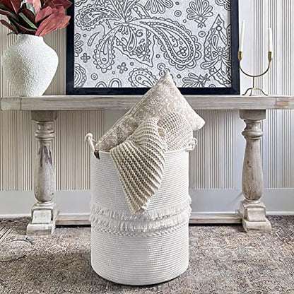 CherryNow 70L Woven Rope Laundry Basket with Tassel, 16" x 22", White - color: Off-white, size: 69L (16"W x 22"H)