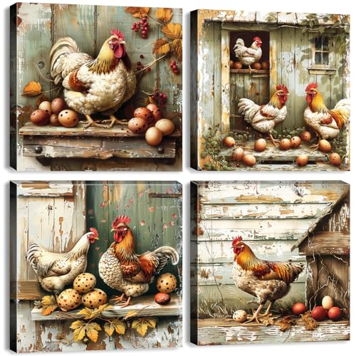 Chicken Pictures Wall Decor Fall Kitchen Canvas Wall Art Vintage Farmhouse Rooster Signs Painting Poster Chicken Coop Decor Western Country Rooster Canvas Prints Artwork for Home Decorations 12x12"4Pcs - color: FarmChicken, size: 12 x 12 in