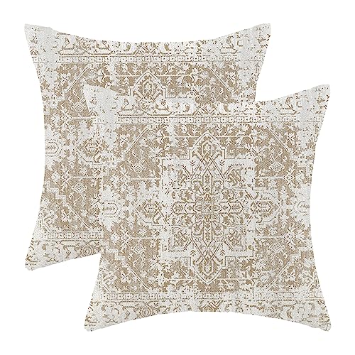 AEIOAE Boho Pillow Covers 18x18 Inch Set of 2,Carpet Pattern Throw Pillows Case,Brown Beige White Ethnic Design Outdoor Decorative Square Linen Farmhouse Decor Cushion Covers for Home Sofa Bed Couch - color: Brown Beige White Boho, size: 18" x 18" (Pack o