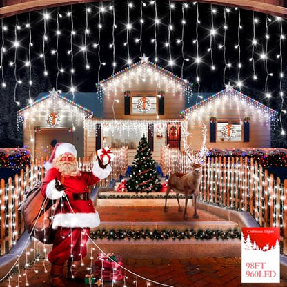 FLVOECN 98FT 960 LED Christmas Lights, Waterproof 8 Modes Ice Lights for Outside with Memory and Timer Hanging Fairy Lights Plug-in Curtain String Lights for Holiday Party Wedding Home (Cool White) - color: Mint Green