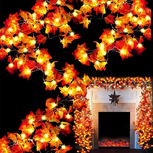 TURNMEON 6 Pack Fall Garland with Lights Enlarged Maple Leaves 60Ft 120LED - size: 6 Pack