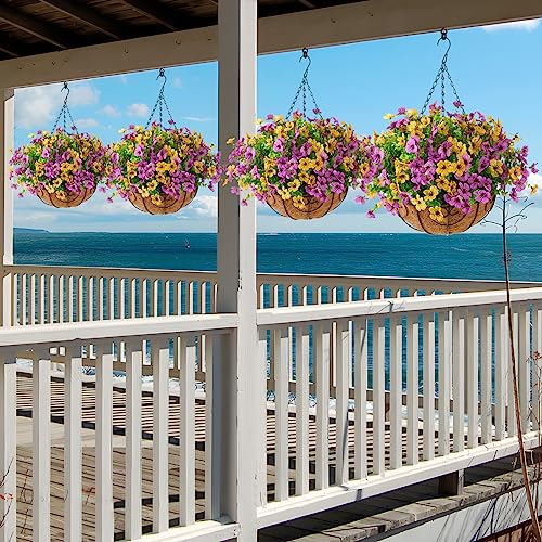 Artificial Hanging Flowers Basket for Outdoor, UV Resistant Plants Daisy - color: Purple Yellow