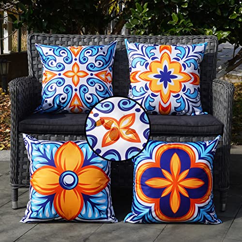 ONWAY Outdoor Pillow Covers Waterproof 20x20 Set of 4 Floral Boho Decorative Throw Cushion Cover Farmhouse Pillows for Bench, Couch, Patio Furniture - color: Blueorange, size: 20" x 20" (Pack of 4)