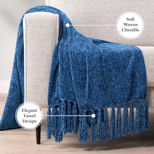 PAVILIA Chenille Throw Blanket, Knit Twin Size Tassel Throw, Blue 60x80 - color: Blue, size: 60 X 80 Inches - Twin
