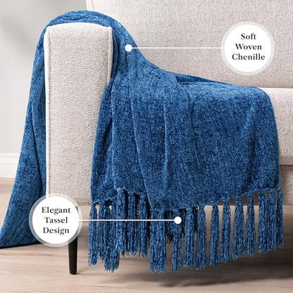 PAVILIA Chenille Throw Blanket, Knit Twin Size Tassel Throw, Blue 60x80 - color: Blue, size: 60 X 80 Inches - Twin