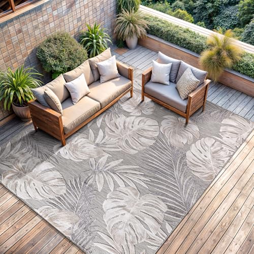 CAMILSON Indoor Outdoor Rug, Beige 6’x9’ Leaf Tropical Botanical Area Rugs for Indoor and Outdoor patios, Easy-Cleaning Non-Shedding Living Room, Garden and Kitchen Washable Outside Carpet (6x9) - color: 3002 Beige, size: 6' x 9' (Rectangular)