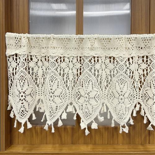 Rustic Crochet Curtains Valance for Kitchen Cotton Lace Curtains for Small Window Farmhouse Tassel Curtains for Coffee Decor Rod Pocket Hollow Sheer Curtain Tiers for Bath 1 Panel W35 X L15 Inch