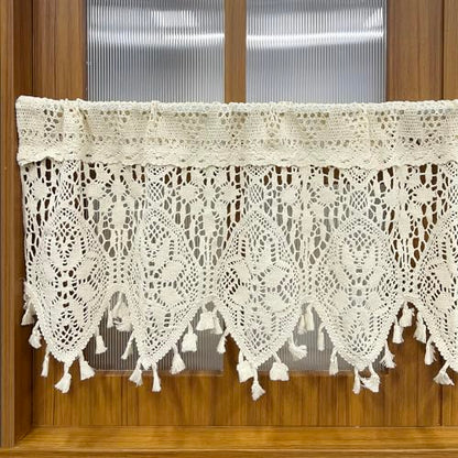 Rustic Crochet Curtains Valance for Kitchen Cotton Lace Curtains for Small Window Farmhouse Tassel Curtains for Coffee Decor Rod Pocket Hollow Sheer Curtain Tiers for Bath 1 Panel W35 X L15 Inch