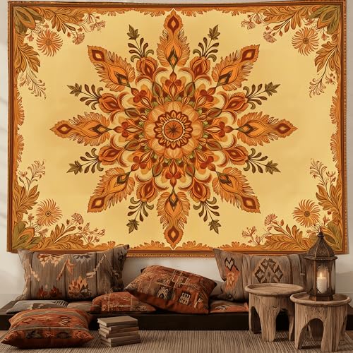 Motanber Boho Mandala Floral Tapestry Wall Hanging Bohemian Orange Yellow Flower Tapestry Aesthetic Vintage Sunflower Indian Cute Small Tapestries for Bedroom Living Room Dorm Decor 48 x 36 Inch - color: Orange Yellow, size: 48"L x 36"W