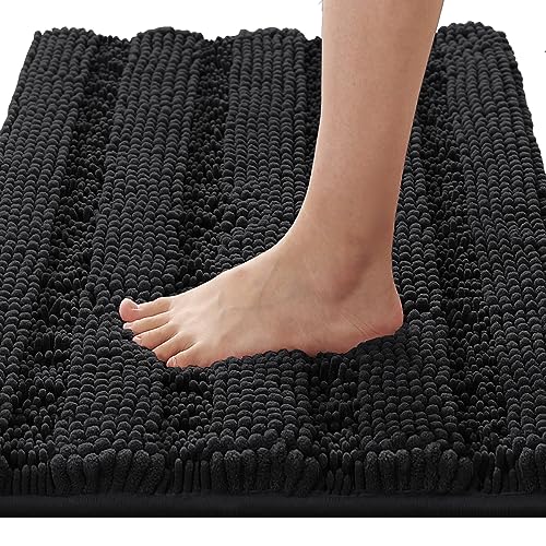 H.VERSAILTEX Bathroom Rugs Bath Rugs Non Slip Bath Mats Extra Thick Chenille Striped Rug 17" x 24" Absorbent Soft Shaggy Washable Dry Fast Bath Mats for Bathroom Floor - Black - color: Black, size: 17" x 24"