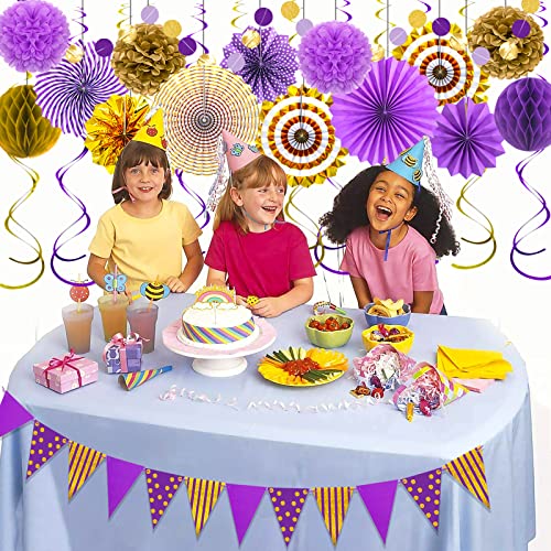 24 Pcs Purple Gold Party Decorations, Paper Fans Pom Poms Banner - color: Purple Gold