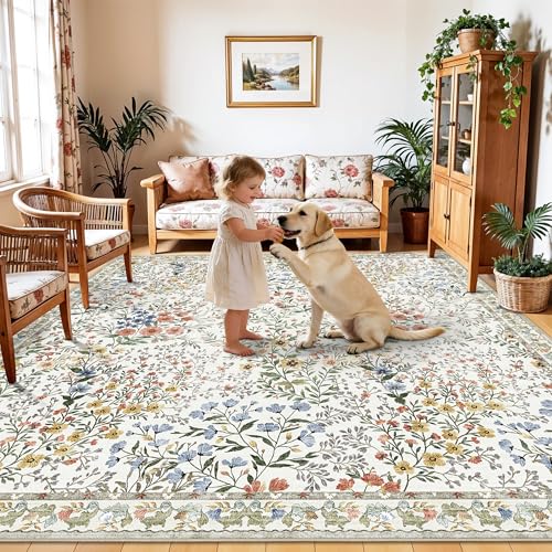 10x10 Square Area Rug Living Room: Boho Floral Washable Mat for Dining Room Bedroom Office High Traffic Area Soft Non Slip Low Pile Indoor Carpet for Vintage Farmhouse Home Decor (10ft Square, Beige) - color: Beige, size: 10x10