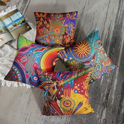 Sanwarm Linen Throw Pillow Covers Set of 4, 20 x 20 Inch, Ethnic Leaf - color: Mexico Boho, size: 20" x 20" (Pack of 4)