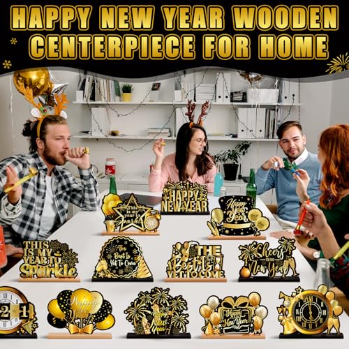 Marsui 12 Pcs Happy New Year Wooden Signs Fall Pumpkin Ghost Cat - style: Happy New Year