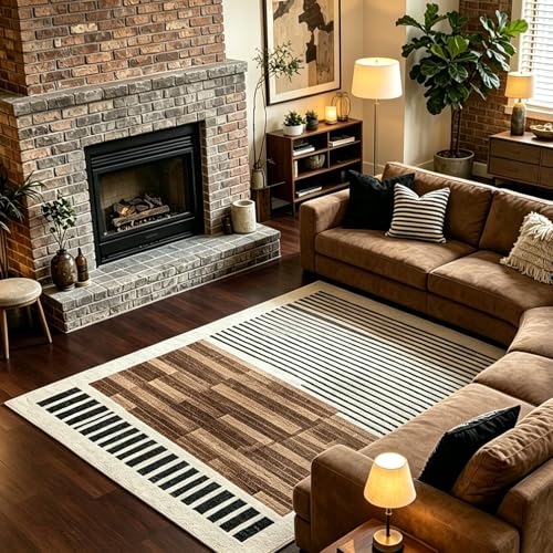 6x9 Washable Area Rug for Living Room, Abstract Striped, White Brown Black - color: Beige Brown, size: 6' x 9'(Rectangular)