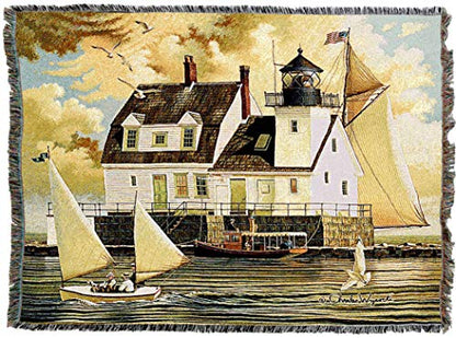 Pure Country Weavers Rockland Breakwater Light Blanket by Charles Wysocki - Early America Coastal Ocean Beach Gift Tapestry Throw Woven from Cotton - Made in the USA (72x54) - color: Rockland Breakwater