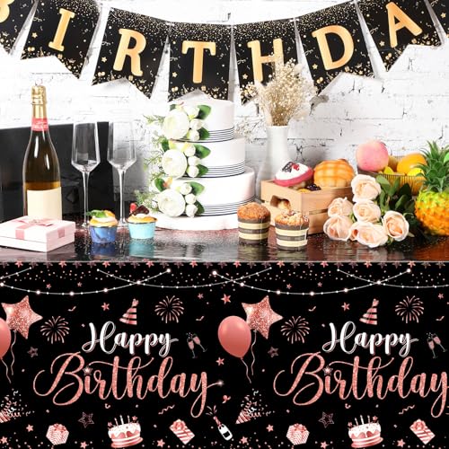 Tudomro 3 Pcs Plastic Happy Birthday Party Tablecloths,Black Rose Gold - color: Black Rose Gold