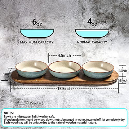 Artena 6oz Turquoise Solid Ceramic Chips and Dip Serving Platter with Acacia Wooden Tray, 4.5inch Glazing Small Serving Bowls/Dipping Dishes for Condiments,Side Dishes, Dipping, Pre, Dessert, Salsa - color: Blue, size: 4.5 inch