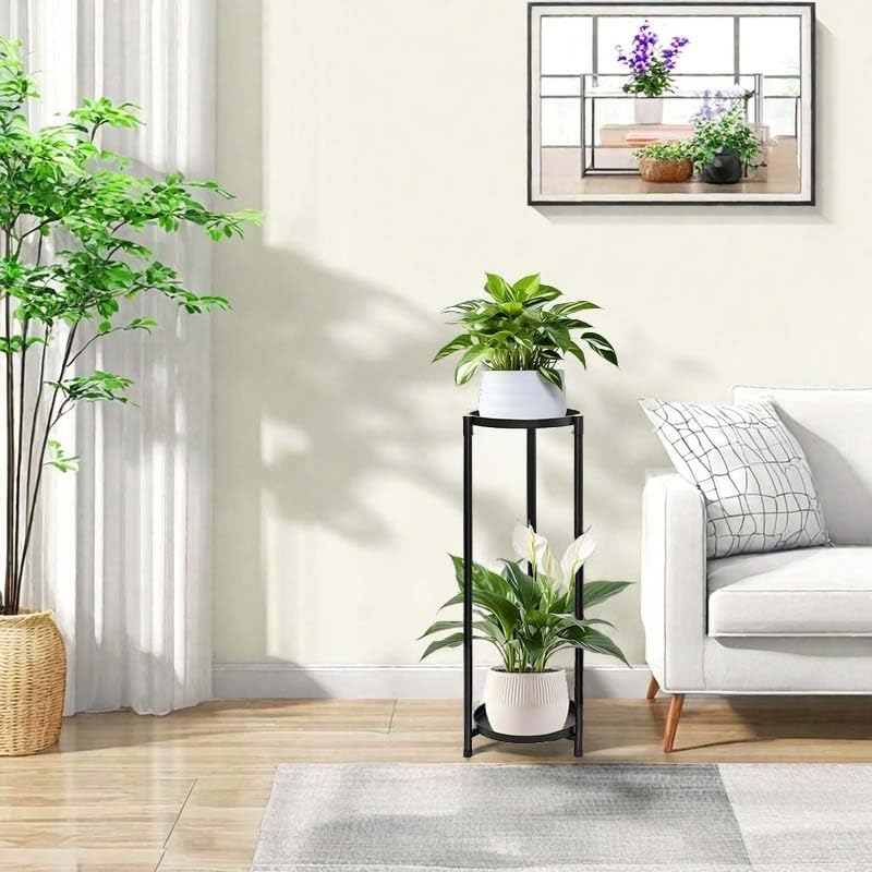Plant Stand Indoor Outdoor, 24 Inch 2 Tier Metal Plant Stand, Black
