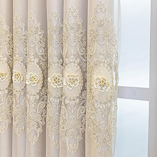 Amidoudou 1 Pair European Double Layer Curtains with Valance for Living Room Bedroom Luxury 3D Flower Embroidered Curtains (Beige,51x84 Inch) - color: Beige, size: 51"W x 84"L (Pack of 2)