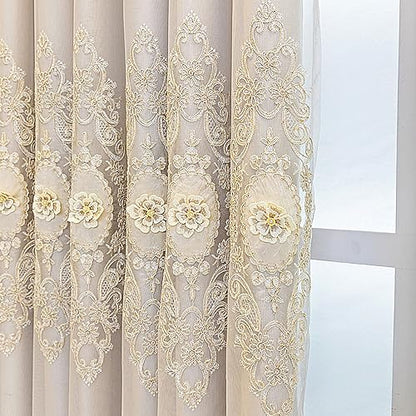 Amidoudou 1 Pair European Double Layer Curtains with Valance for Living Room Bedroom Luxury 3D Flower Embroidered Curtains (Beige,51x90 Inch) - color: Beige, size: 51"W x 90"L (Pack of 2)