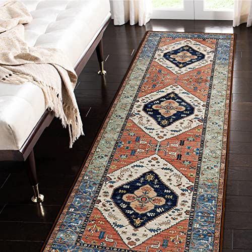 Beeiva Oriental Washable Hallway Runner Rug, Vintage Tribal Medallion 2x7 Kitchen Runner Rugs with Rubber Backing, Vintage Tribal Medallion Non - color: Rust/Navy Blue, size: 2' x 7' (Rectangular)