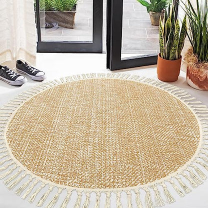 Collive Hand Woven Circle Area Rug, Soft Hand Woven Cotton Washable Carpet - color: Tan/Cream, size: 4' (Round)