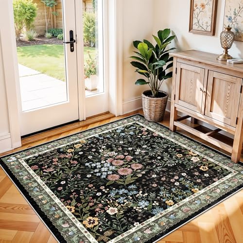 4x4 Square Entry Rug Entryway Foyer: Non-Slip Floral Washable Rugs for Living Room Indoor Floor Kitchen Bedroom - Soft Thin Doormat Carpet Boho Vintage Home Decor (4ft Square, Black) - color: Black, size: 4x4
