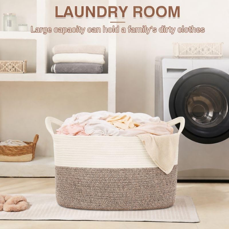 YOUDENOVA Large Blanket Basket, Rectangle Cotton Rope Storage Baske - color: White+Brown
