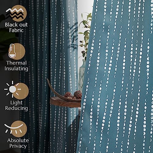 jinchan Boho Blackout Curtains 63 Inch Length Moon Phase Printed Drapes - color: Luna | Blue, size: 52"W x 63"L (Pack of 2)