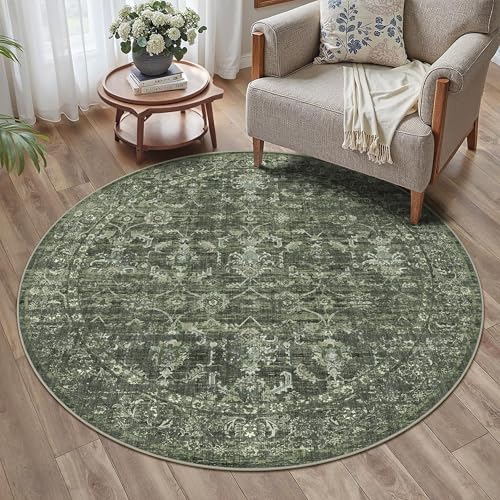 4ft Round Washable Office Rug Non-Slip Retro Dark Green Throw Carpet - color: Dark Green, size: 4' (Round)
