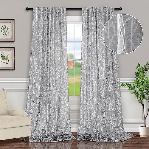 Dark Grey Curtains 84 Inches Long for Living Room 2 Panels Back Tab Pocket Tree Branch Forest Woodland Pattern Semi Blackout Gray Curtain for Bedroom Aesthetic French Country Spring Decor 52x84 Length - color: Dark Grey, size: 52"W x 84"L (Pack of 2)