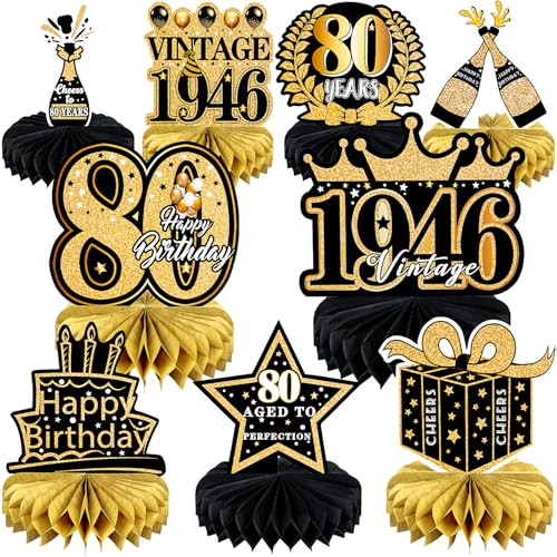 9 Pcs 80th Birthday Decoration for Men Women Table Honeycomb Eighty Decor - color: 80th-black and Gold