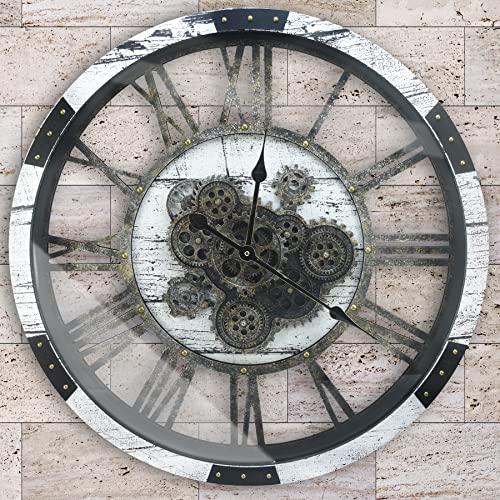 27 Inch Large Wall Clock Farmhouse Wooden Clock with Moving Gears HD Toughened Glass Cover, Oversized Industrial Steampunk Rustic Wall Clock for Living Room Decor Home Kitchen Office (White) - color: White Grey, size: 68cm / 27 inch