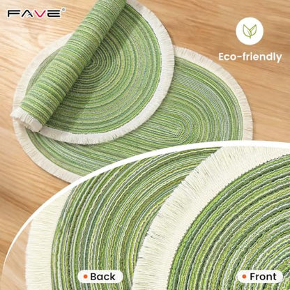 FAVE Boho Oval Woven Placemats Set of 6, Washable Table Mats with Tassels - color: Green