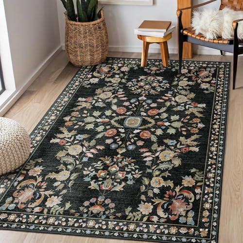 MUJOO 3x5 Rug Washable Floral Area Rugs Non Slip Ultra-Thin - color: Black, size: 3' x 5' (Rectangular)