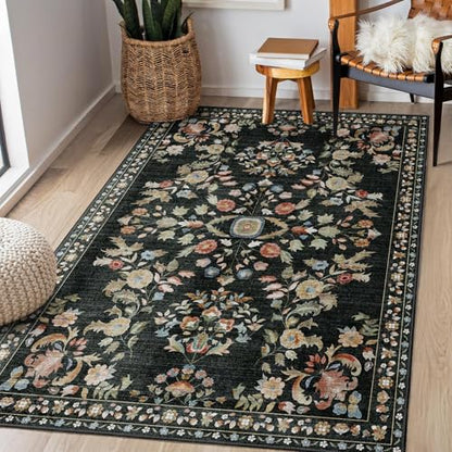 MUJOO 3x5 Rug Washable Floral Area Rugs Non Slip Ultra-Thin - color: Black, size: 3' x 5' (Rectangular)