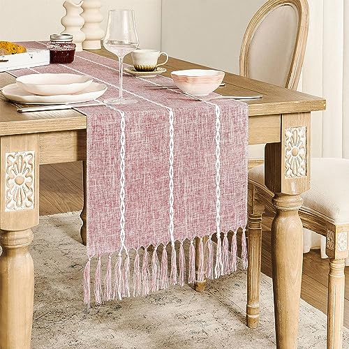 ZeeMart Farmhouse Braided Striped Table Runner, Rustic Pink Table Runners 108 Inches Long Boho Home Decor, Dusty Rose 15x108 Inches - color: Braided Dusty Rose, size: 15*108 inches