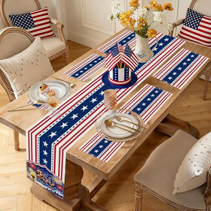 72x13 Inch 250th 4th of July Patriotic USA Stars Table Runner with 6Pcs Place Mats for Independence Day - color: 250th Anniversary