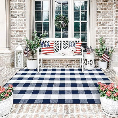 KILOCOCO Buffalo Plaid Checkered Rug 4x6 ft Blue and White Front Door Rug - color: Blue and White, size: 4' x 6' (Rectangular)