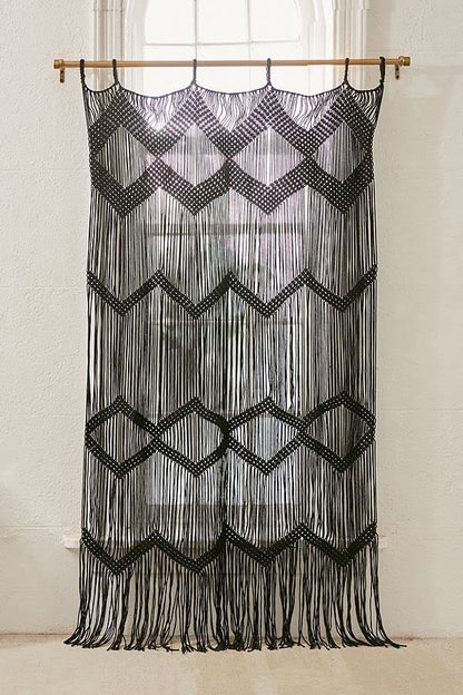Macrame Curtain Handmade Black Boho Doorway window Divider 42"W*76"L - color: Black
