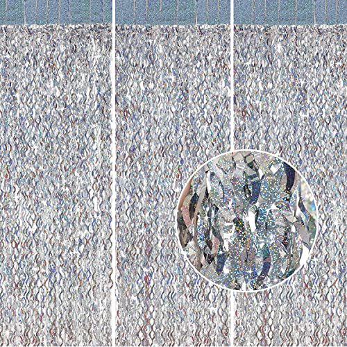 Silver Tinsel Backdrop- CYLMFC 3 Pack 3.3 ft x 6.6 ft Streamer Foil Fringe Curtain for Birthday Party Christmas Graduation Decor - color: Laser Silver