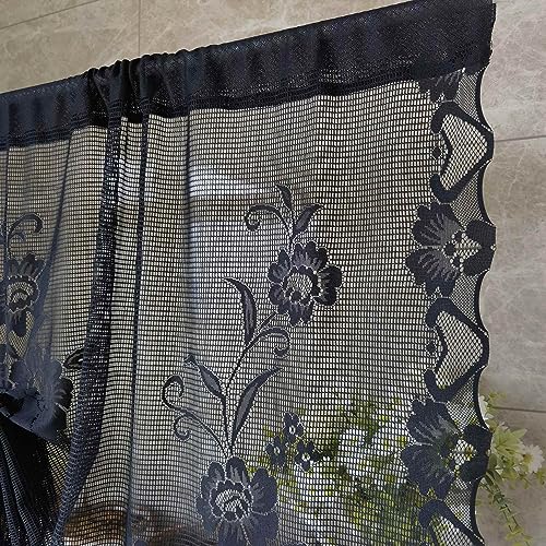 1 Panel Black Floral Embroidery Tie-up Sheer Lace Curtain Valance - color: Black, size: 59"W x 39"L (Pack of 1)