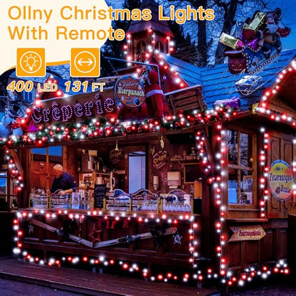 Ollny Red and White Christmas Lights, 400LED 131FT String Light with Remote - color: Red and White, size: 400 LEDs