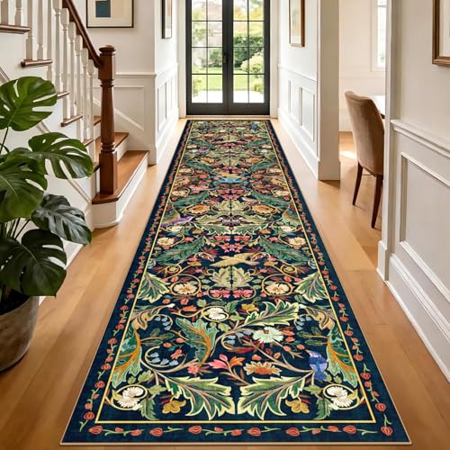 nesrt 3'x14' Washable Extra Long Boho Runner Rug, Soft Non-Slip Hallway Kitchen Carpet Runner, Thin Jungle Bird Indoor Decor Rug for Farmhouse, Living Room, Bedroom (Dark Green) - color: Dark Green, size: 3' x 14' (Rectangular)