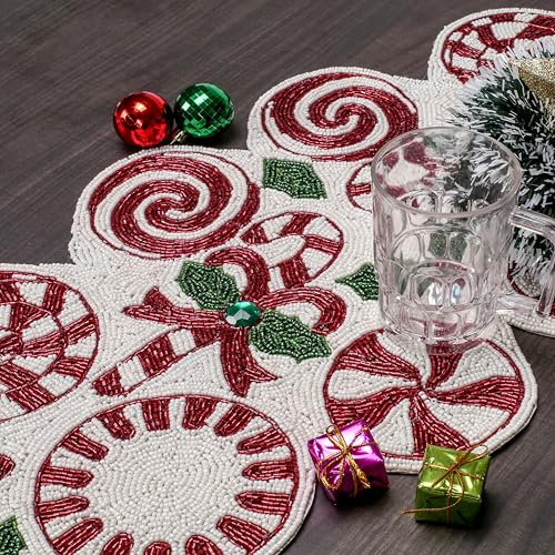 Beaded Christmas Table Runner, 13 x 36 Inches, Festive Holiday Table Decor - color: Red/Green/White