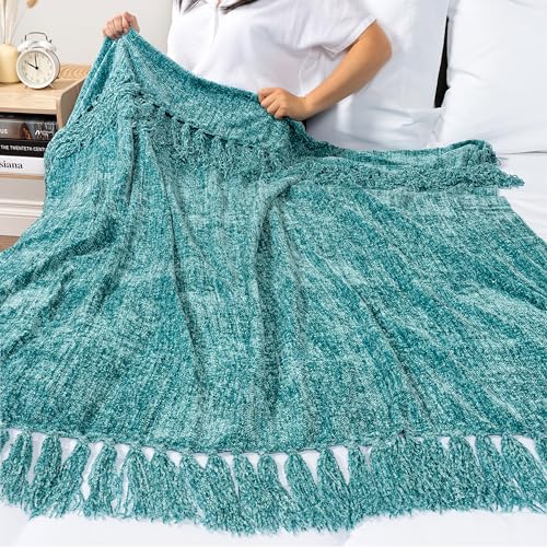 PAVILIA Chenille Throw Blanket, Knit Twin Size Tassel Throw, Teal 60x80 - color: Teal, size: 60 X 80 Inches - Twin