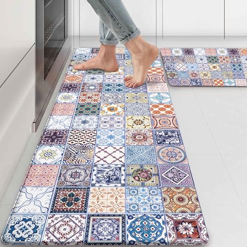 Boho Kitchen Rug Mats for Floor Cushioned Anti Fatigue Colorful Ceramic Tile Kitchen Rugs Sets of 2 Talavera Non Slip Waterproof Comfort Memory Foam Standing Floor Mat for Laundry Sink Desk - color: Blue White, size: 46"Lx17"W+29"Lx17"W-0.3"H