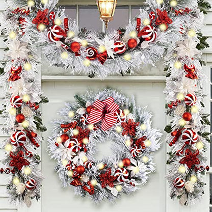 WANNA-CUL Pre-Lit 9ft Christmas Garland with Lights 50 LED Red White Bauble - color: 04-red White